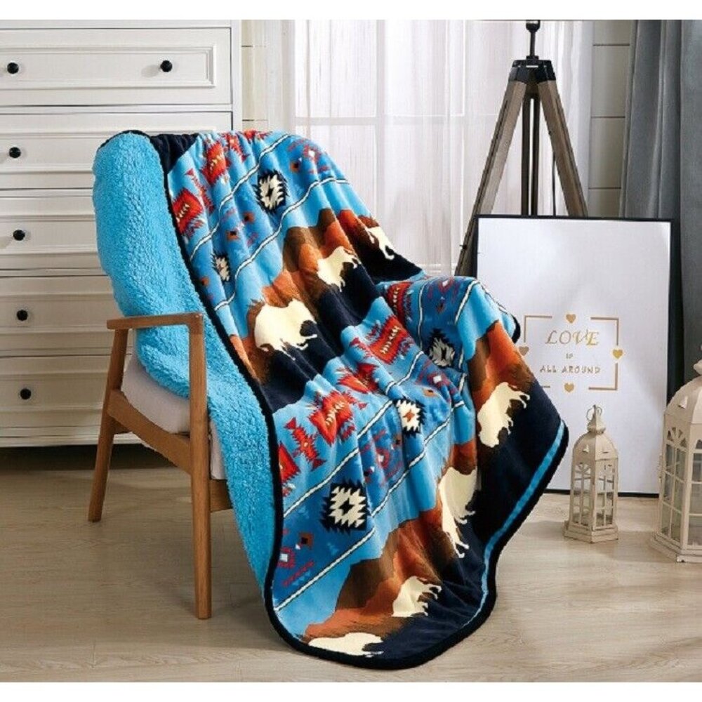 New Turquoise Rustic Bison Buffalo Sherpa Plush Throw Gift Blanket Blue Aztec - Picture 2 of 5